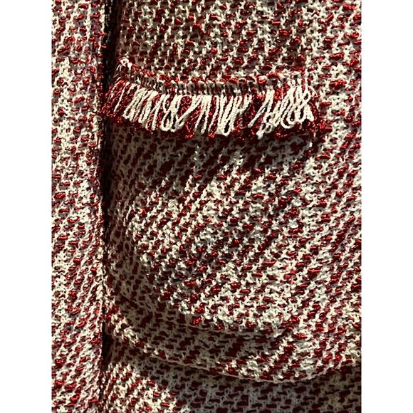 Vtg St John Knit Size 2 Skirt Suit Red & White Tweed Fringed Jacket Full Zip - Picture 4 of 16